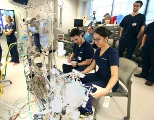 Students work together in a sim lab at College of Health Professions.