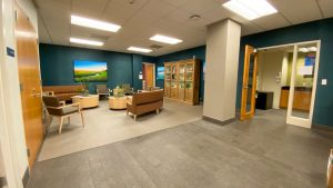 A lobby inside the Clinical Science Building. 