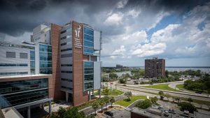 The MUSC Shawn Jenkins Children's Hospital building overlooks a beautiful view of the river. 