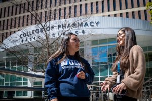 Students talking outside of the MUSC College of Pharmacy