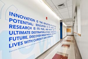 Hallway photo of Building F, leading to Blue Sky Labs